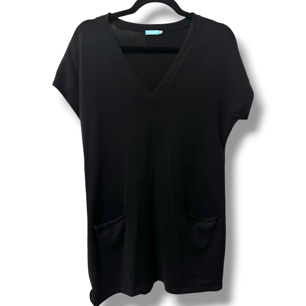 J. McLaughlin Womens Black V-Neck Knit Tunic Top Short Sleeve Pockets L Capsule